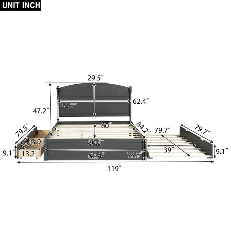 Wooden Queen Size Platform Bed with Twin Size Trundle Bed and 2 Drawers