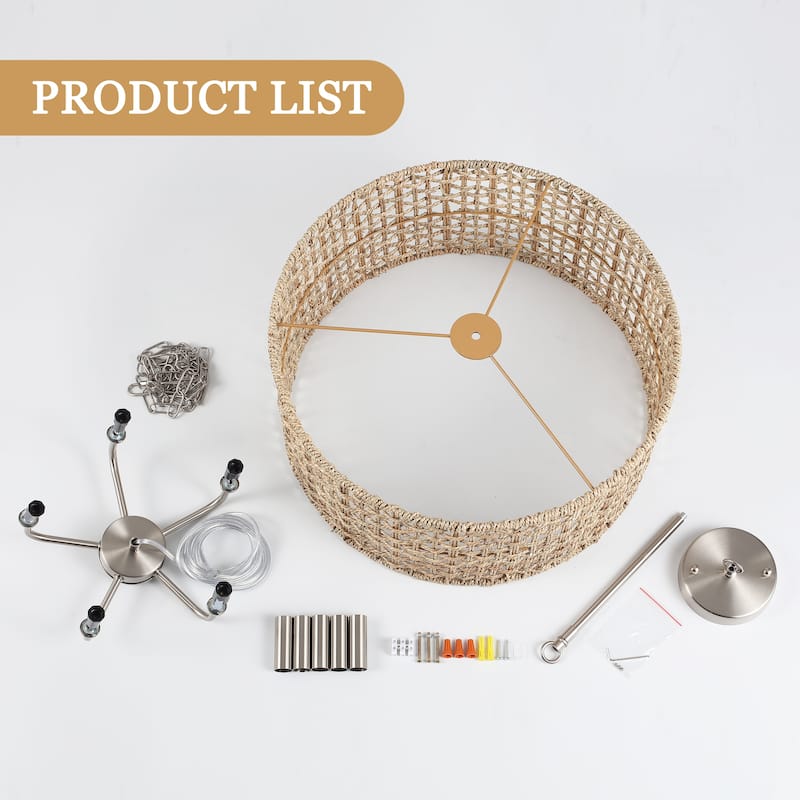 5 - Light Dimmable Drum Chandelier Natural Rattan Bohemian & Coastal Pendant - 18.9 in
