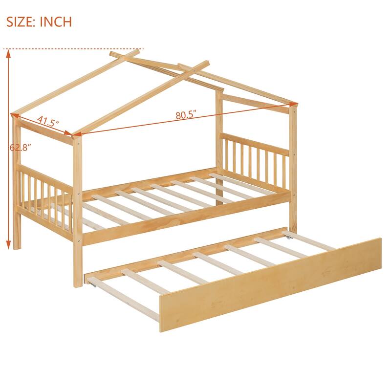 Twin Size Wooden House Bed with Pull-Out Trundle, Natural Finish