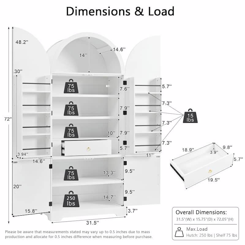 72" Tall Arched Kitchen Pantry Cabinet