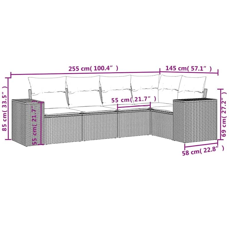 vidaXL 5/6 Piece Patio Sofa Set with Cushions Gray/Brown/Black Poly Rattan - 24.4" x 24.4" x 27.2"