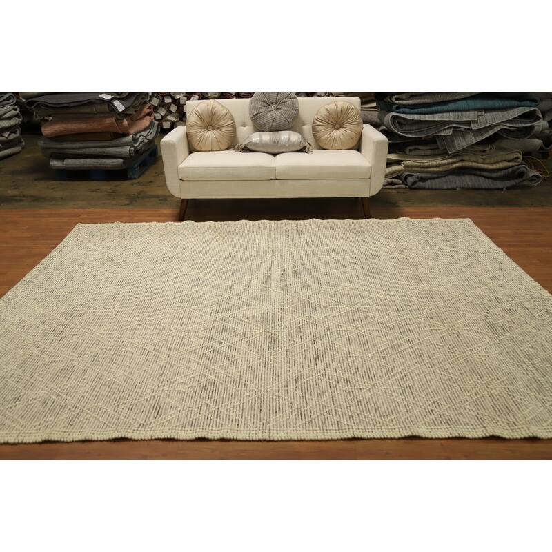 Hand Knotted Oriental 100% Wool Carpet Modern Geometric Beige & Ivories Modern Gotti Design Area Rug - 9' 8'' X 7' 9''