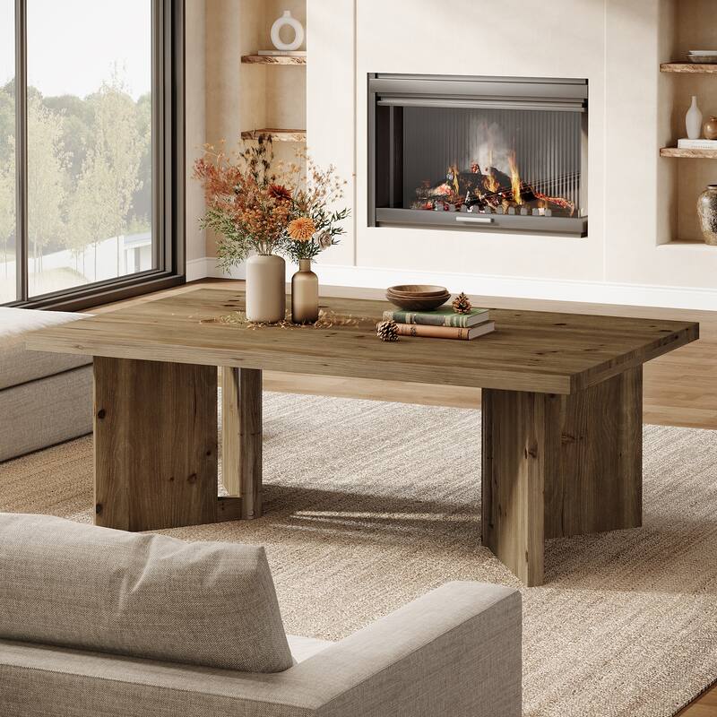 Solid Wood Rectangle Coffee Table, Farmhouse Living Room Center Tea Accent Table - Brown
