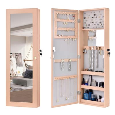 Wooden Leather Wall Mounted Jewelry Storage Mirror Cabinet