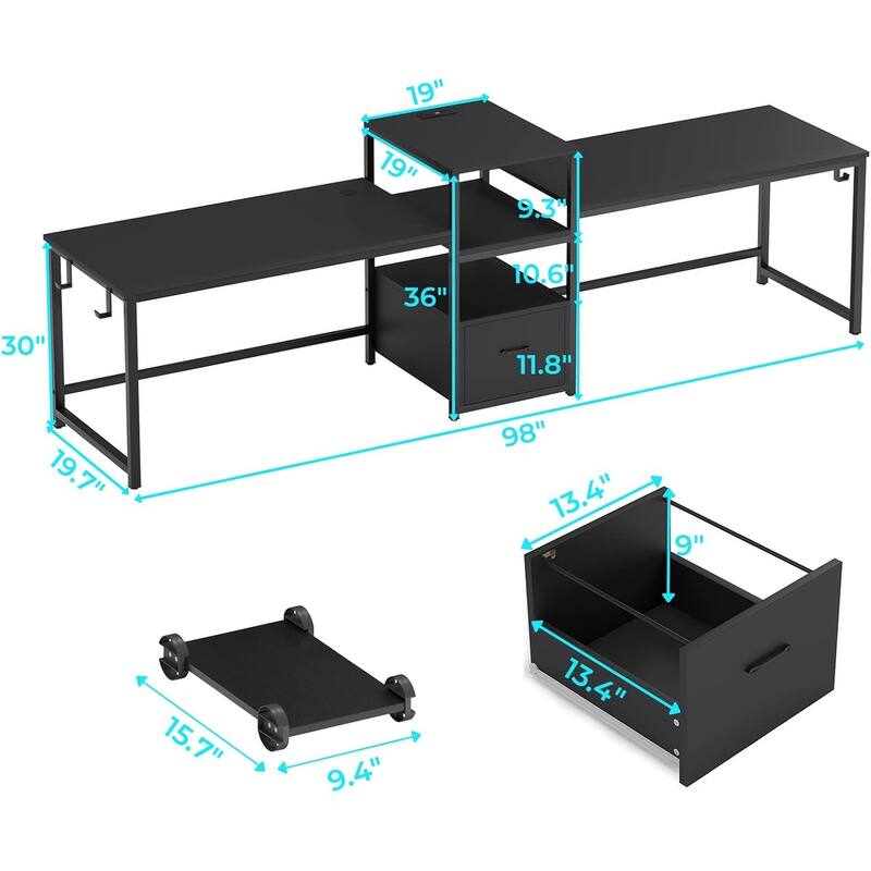 Two Person Double Computer Desk LED Gaming Desk 2 Storage Shelves