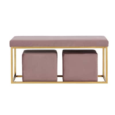 3 Piece Modern Bench Seating Set, 2 Ottomans, Velvet, Purple