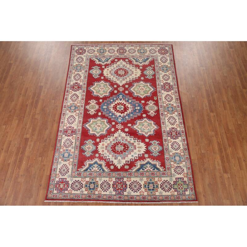 Hand Knotted Oriental 100% Wool Carpet Traditional Geometric Red Kazak Area Rug - 9' 9'' X 6' 7''
