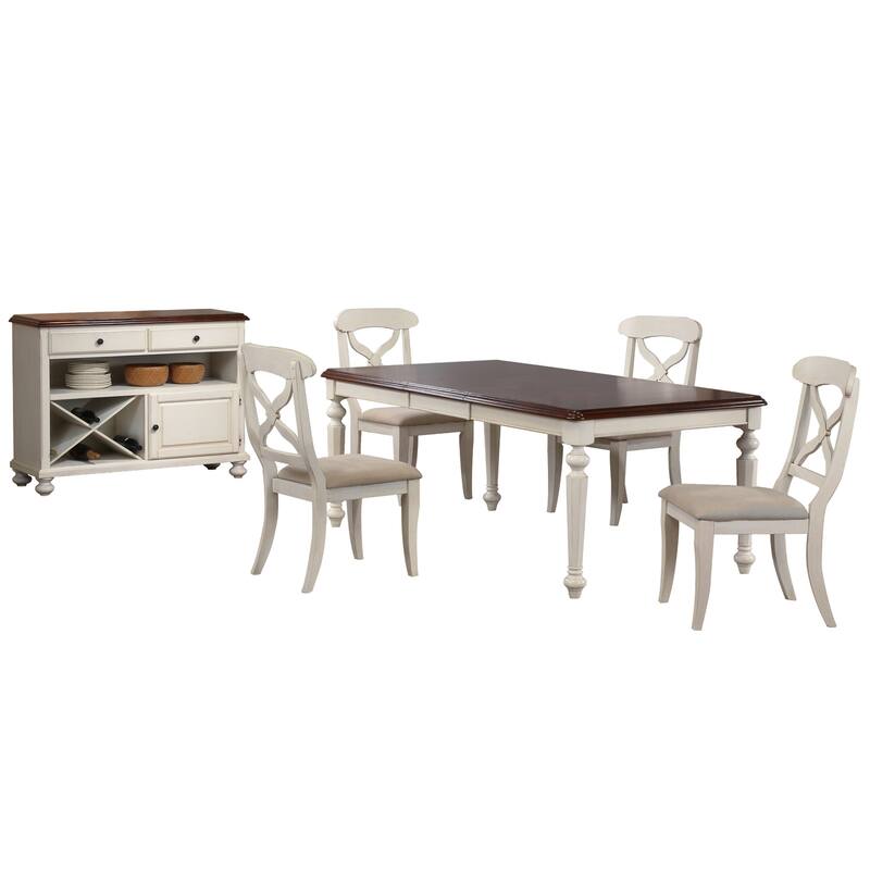 Extendable Dining Set - 6 Piece Rectangular Table & Chairs - Antique White & Chestnut Brown - Seats 8