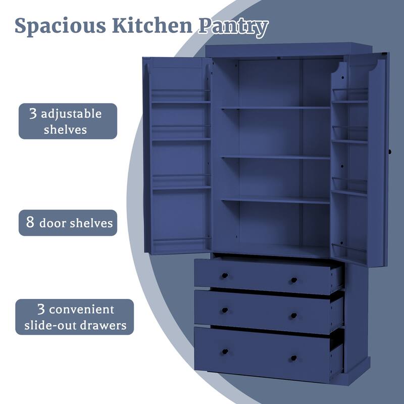 77" Farmhouse Pantry Cabinet - Tall Freestanding Storage with 3 Drawers & 11 Adjustable Shelves (8 Door + 3 Main) for Kitchen