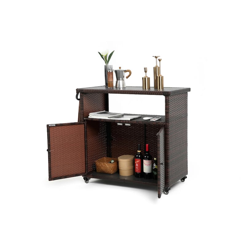 HOMEFUN Outdoor Wicker Bar Cart with Storage on Wheels