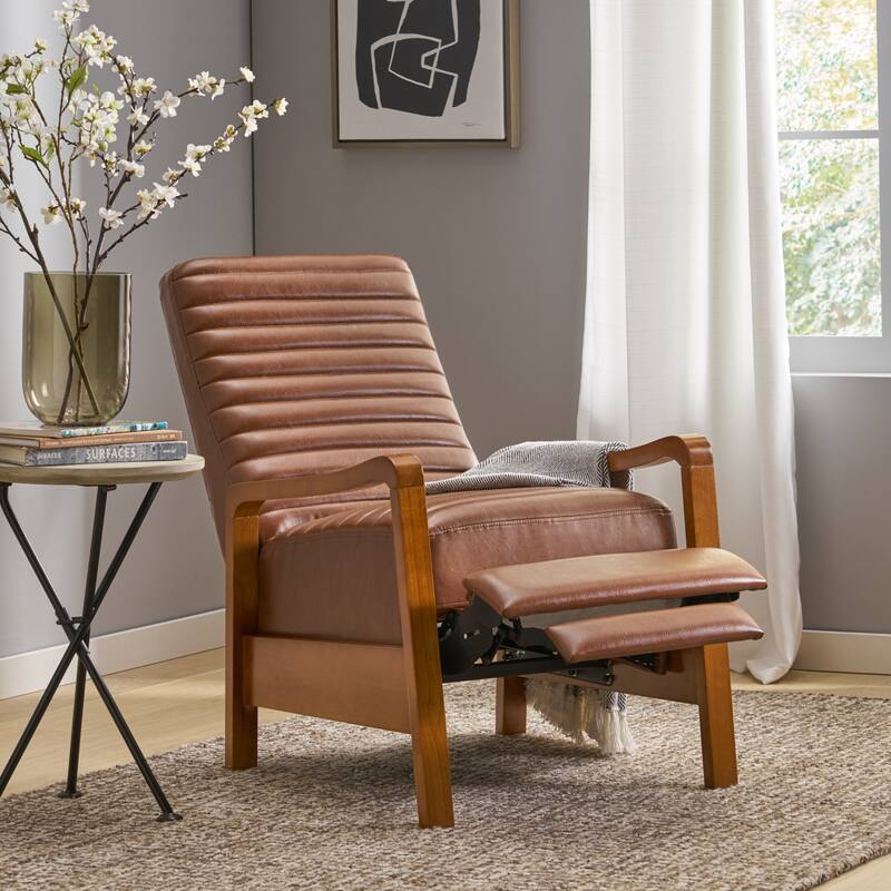 Small Wood Frame Recliner Club Chair with Retractable Footrest Living Room Lounge Armchair Upholstered Reading Chair for Bedroom