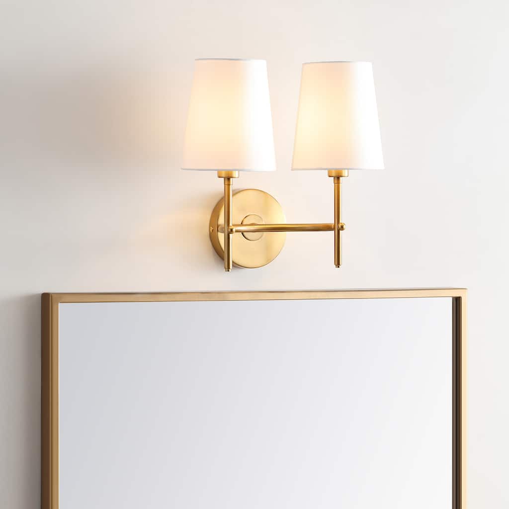 SAFAVIEH Lighting Gergina Two Light Led Wall Sconce - 12.3"x7.5"x12" - Brass/White Shade - 12Wx8Dx12H