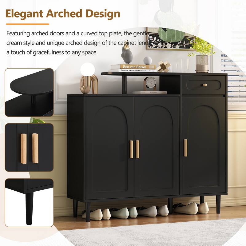 Modern Shoe Storage Cabinet with Arched Doors, Drawer, and Adjustable Shelves for Home