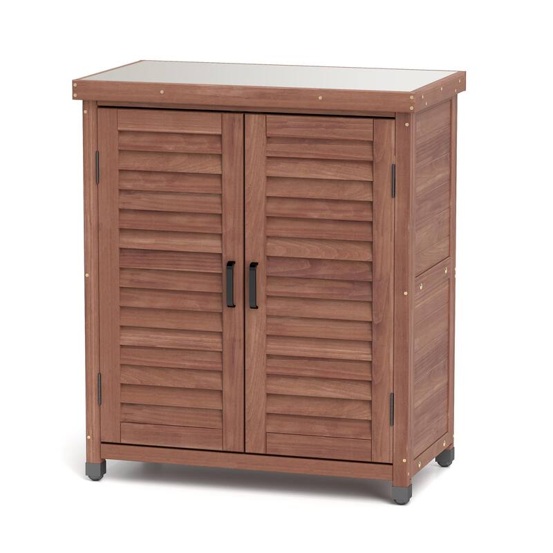 GDF Studio - Outdoor Wooden Potting Bench with Metal Tabletop Workstation and Storage Cabinet