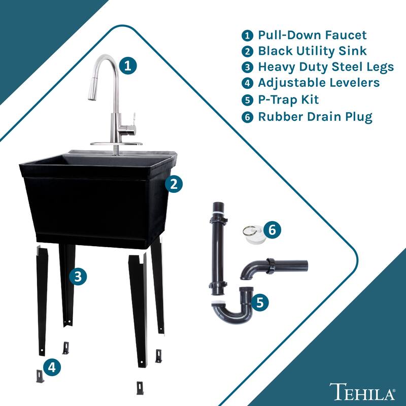 TEHILA Utility Sink Laundry Tub with Stainless Finish High Arc Faucet - N/A