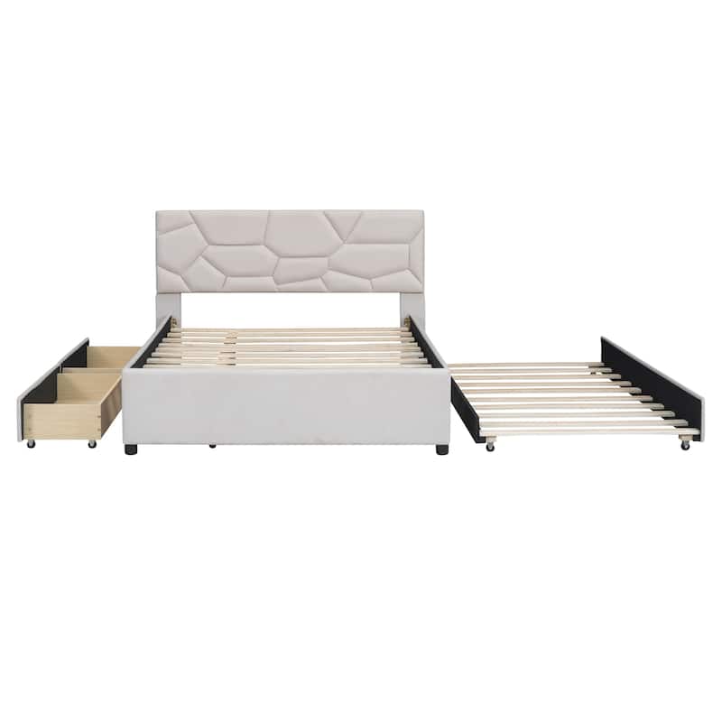 Beige Full Linen Platform Bed with Brick Pattern Headboard, Trundle, and Storage Drawers