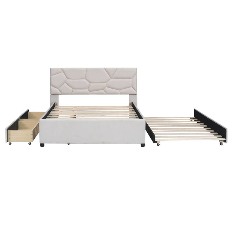 Full/Queen Size Upholstered Platform Bed with Stylish Brick Pattern Headboard, Trundle & 2 Drawers, Linen Fabric Comfort