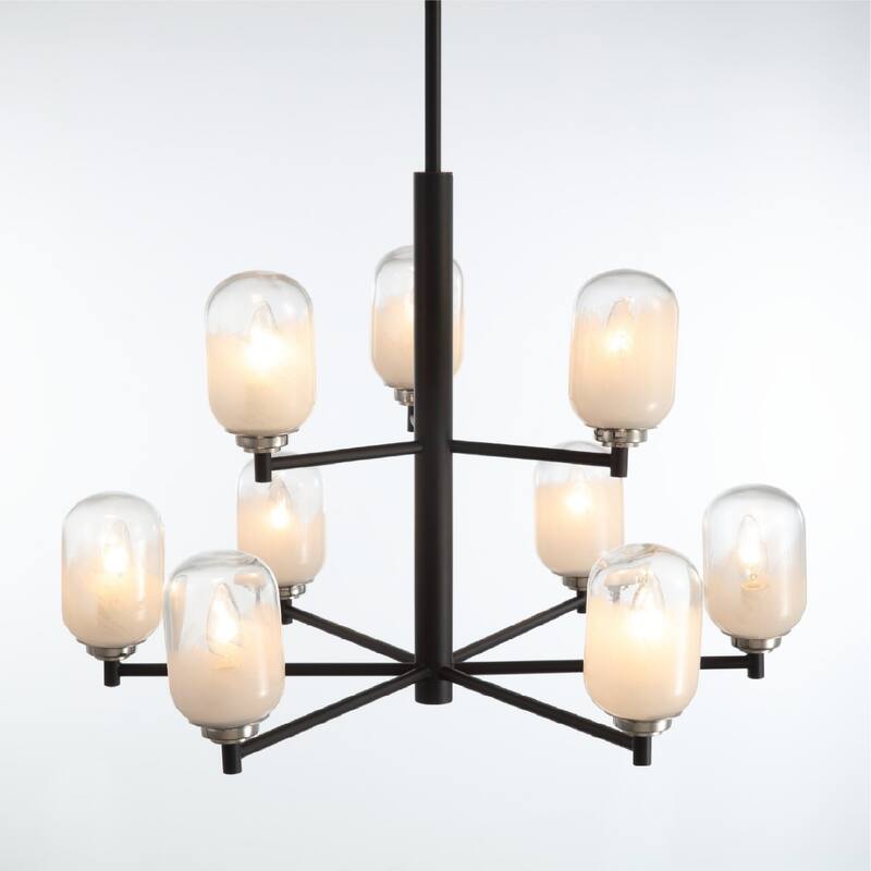 VidaLite Seren 9-Light Matte Black Chandelier With Handmade Glass Shades, Round Modern Style Pendant Chandelier Light