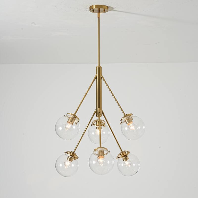 6-Light Modern Glam Sputnik Brass/Matte Black Finish Dimmable Chandelier with Clear Glass Globe for Living & Dining Room