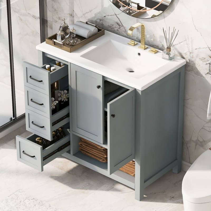 36" Bathroom Vanity with Sink Top, Two Doors and Two Drawers, Open shelf