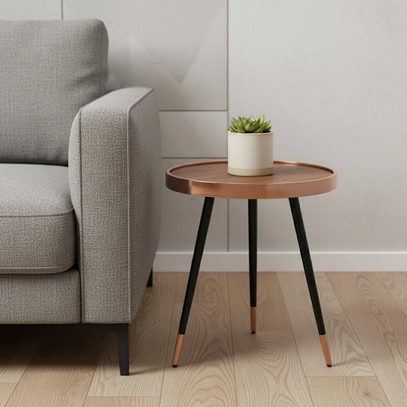 HomeRoots 20" Walnut Black And Rose Gold Wood and Stainless Steel Round End Table - 18.00 in. x 20.00 in. x 18.00 in. - Walnut/Rose Gold - Wood