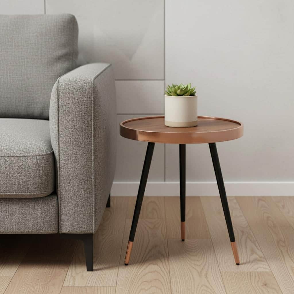 HomeRoots 20" Walnut Black And Rose Gold Wood and Stainless Steel Round End Table - 18.00 in. x 20.00 in. x 18.00 in.