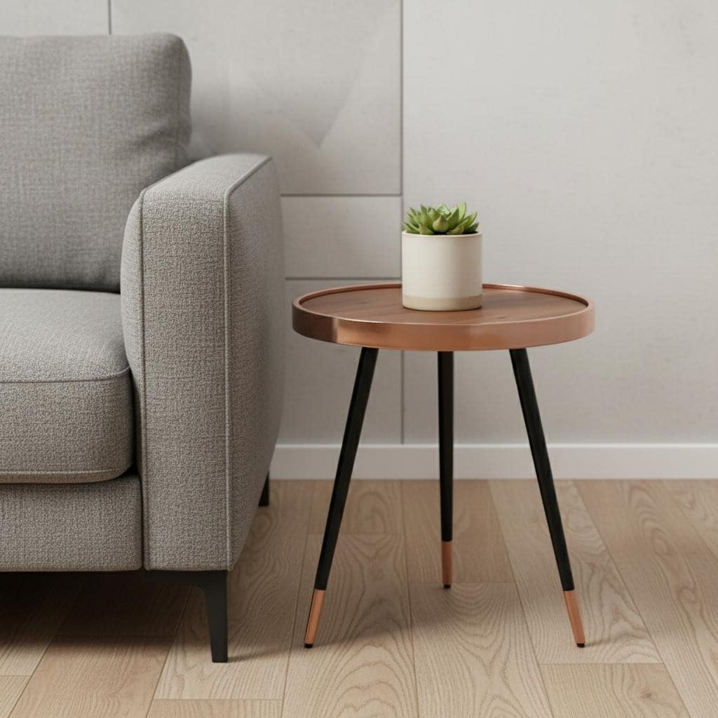 HomeRoots 20" Walnut Black And Rose Gold Wood and Stainless Steel Round End Table - 18.00 in. x 20.00 in. x 18.00 in.
