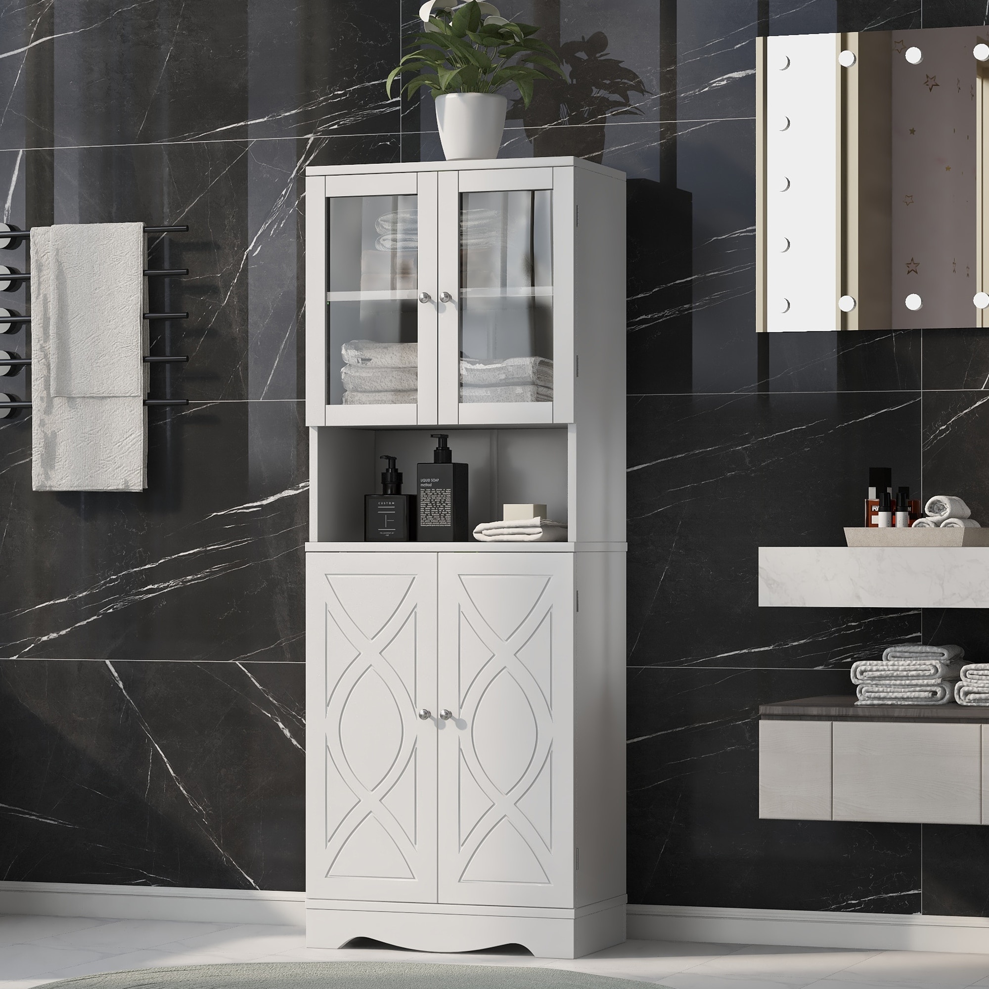 White linen cabinet with glass doors deals