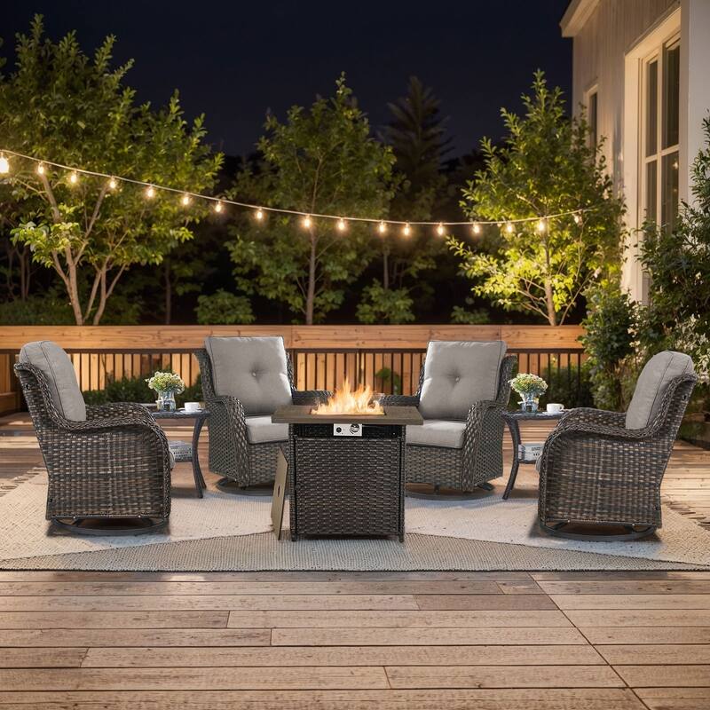 Pocassy 7 Pieces Fire Pit Table with Swivel Chairs Table - Brown Wicker Gray Cushion - 7 Pieces Swivel Chair with Fire Table