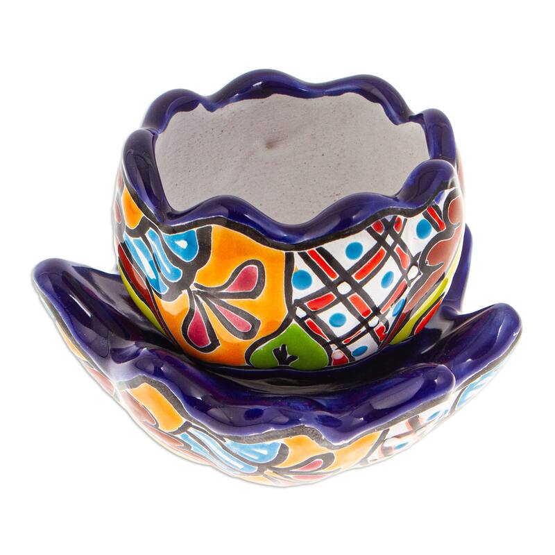 Novica Handmade Talavera Eden In Indigo Ceramic Flower Pot