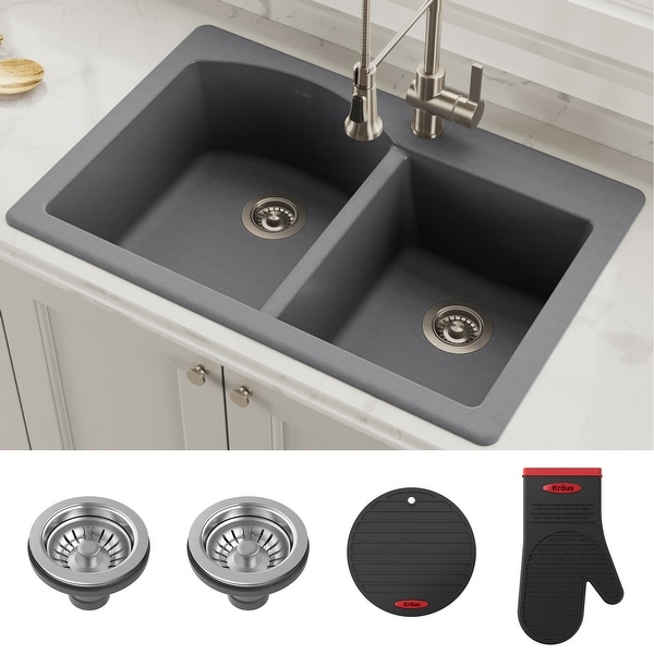 KRAUS Forteza Granite 33 inch 50/50 Undermount Drop-in Kitchen Sink