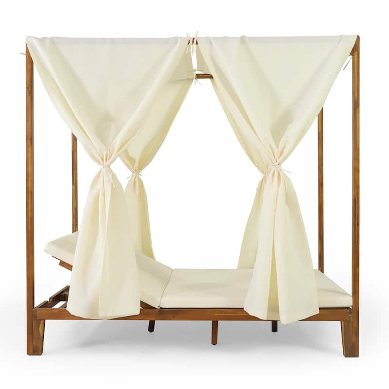 Kinzie Outdoor 2-seat Adjustable Acacia Daybed with Curtains by Christopher Knight Home - 51.25" L x 78.75" W x 78.75" H