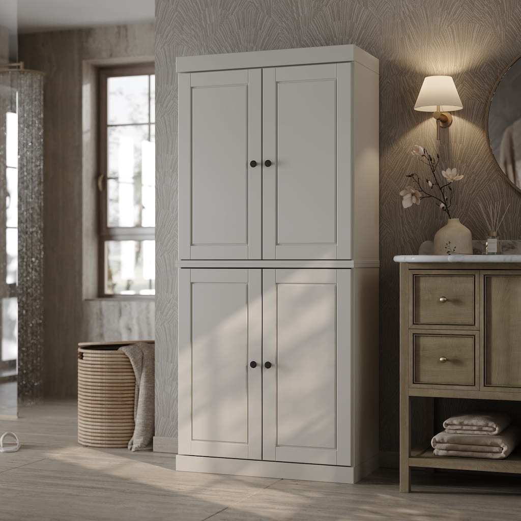 100% Solid Wood Tall Freestanding Bathroom Linen Cabinet with Doors, Adjustable Shelves, Modular Storage, 32" W x 71.5" H