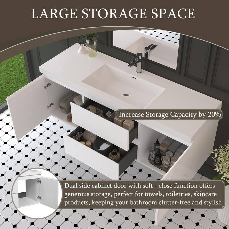 Modern Wall-Mounted Bathroom Vanity with White Solid Surface Top