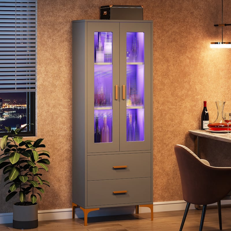 Tall Bookcase Bookshelf Storage Cabinet With Doors and LED Light