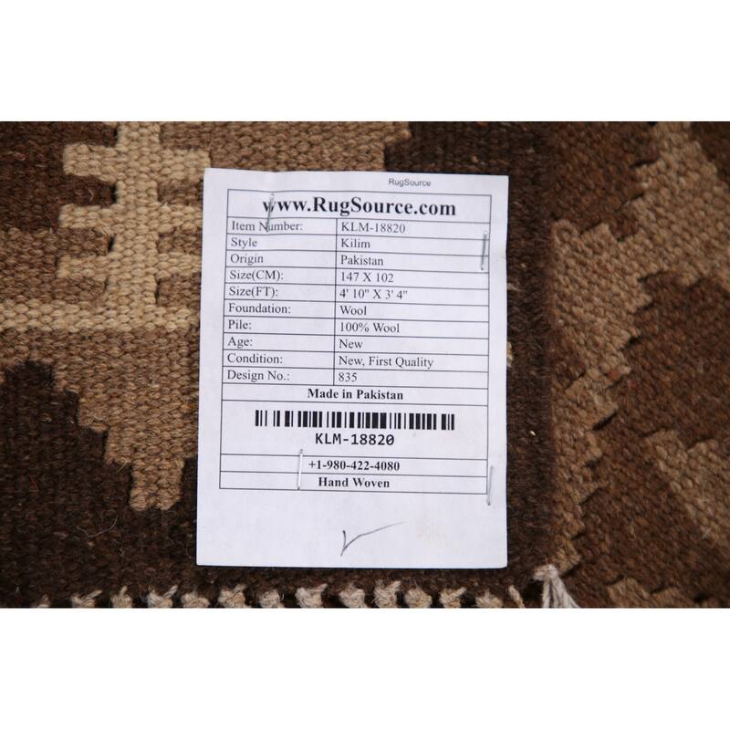 Brown Geometric Kilim Oriental Rug Flat-weave Wool Carpet - 3'4" x 4'10"
