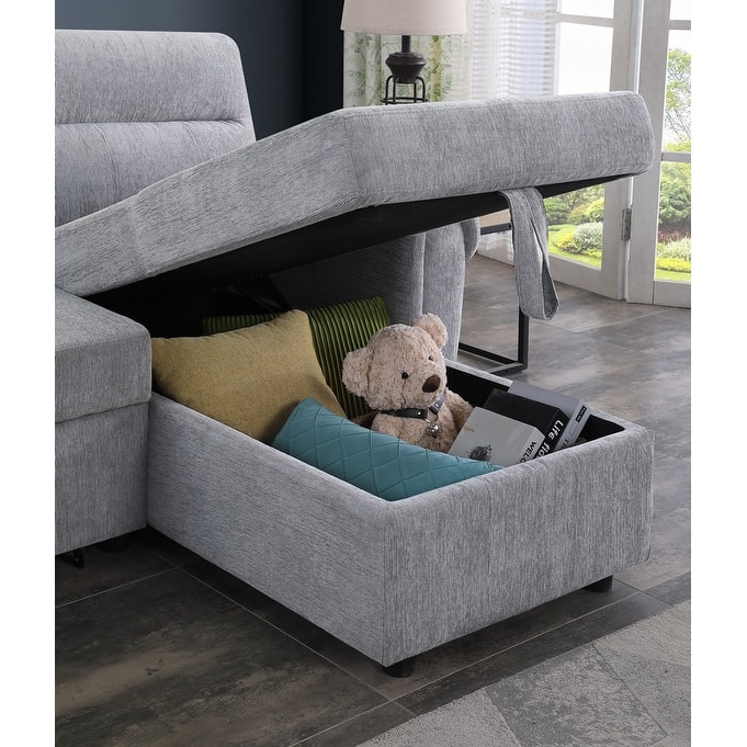 Hugo 97"W Chenille Rev. Sleeper Sectional Sofa Chaise USB Chargers, Phone/Magazine Pockets