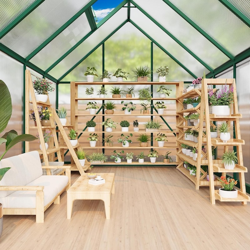 8 x 10 ft Greenhouse, Polycarbonate Walk-in Greenhouse with Aluminum Frame, Adjustable Roof Vent and Lockable Door, Green