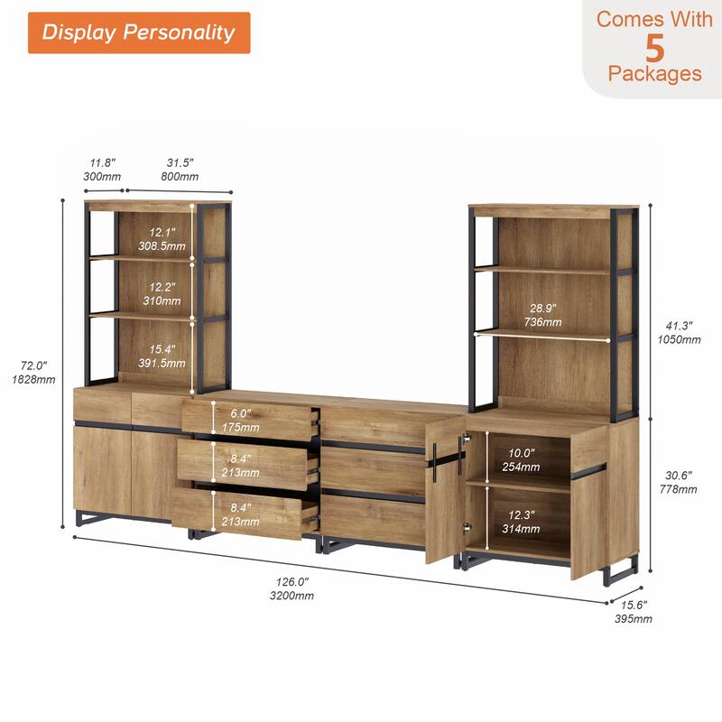 WAMPAT Modern TV Stand with 3 Tiers Bookshelf, Farmhouse Entertainment Center with 2 Storage Cabinets and 6 Drawers