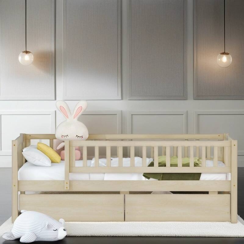 Solid Wood Kids Furniture Twin Size Daybed Kids Bed with Two Drawers, Natural Bed Bath