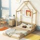 preview thumbnail 1 of 8, Natural Full Size Pine Wood Roof-framed Headboard Floor Bed with Headboard Guardrails, without Slats Full - Natural
