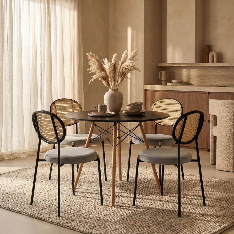 Leisuremod 5-Piece Dining Set with 1 Modern Solid Wood Top Round Dining Table and 4 Velvet/Leather Upholstered Chairs