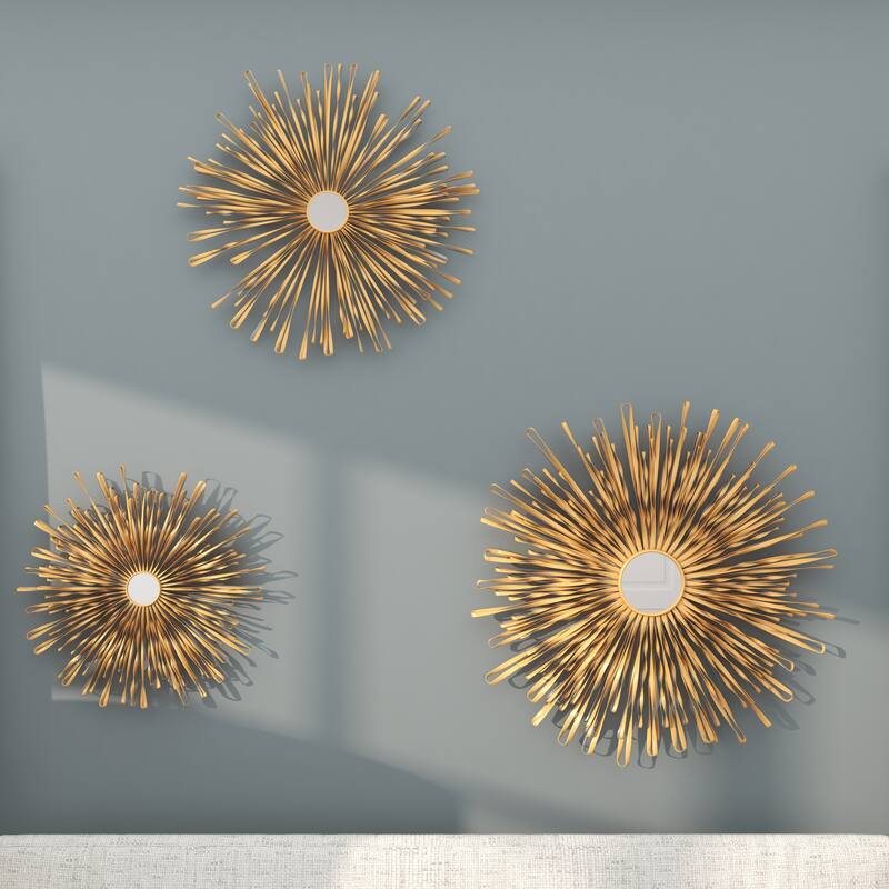 Metal Sunburst 3D Looped Home Wall Decor with Mirror Accent - Set of 3 Gold or Silver - Roche River Decor