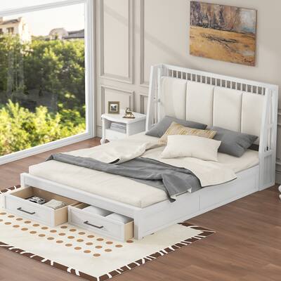 Wood Platform Bed with Upholstered Headboard and 2 Drawers