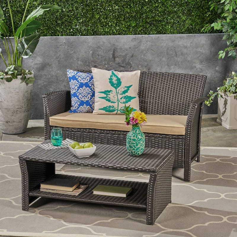St. Lucia Outdoor Wicker Loveseat with Coffee Table by Christopher Knight Home - brown + tan cushion