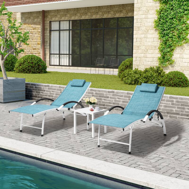 3-piece Outdoor Adjustable Aluminum Reclining Chaise Lounge Chairs with Wheels and Side Table Set