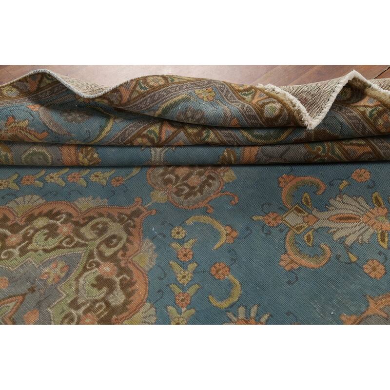 Blue Tabriz Persian Vintage Rug Hand-Knotted Traditional Wool Carpet - 8'6"x 11'10"