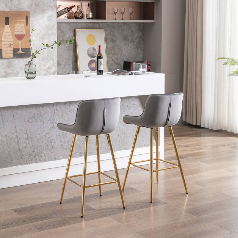 2 Bar Stools with Chrome Footrest Velvet Fabric Counter Stool Golden Leg Simple Bar Stool - N/A - Grey