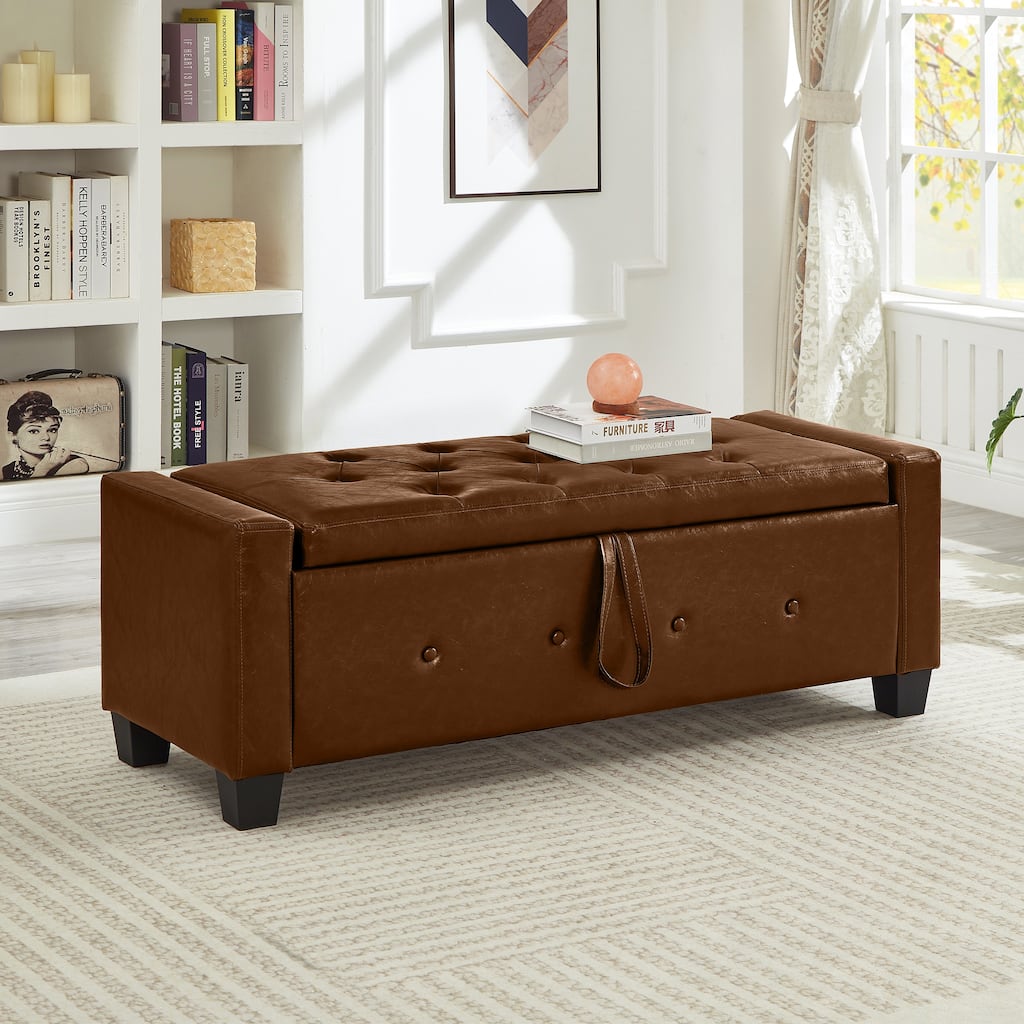 Bedroom End of Bed Bench Storage Bench with Wood Legs, Leather Bench Brown Upholstered Bench Dining Bench