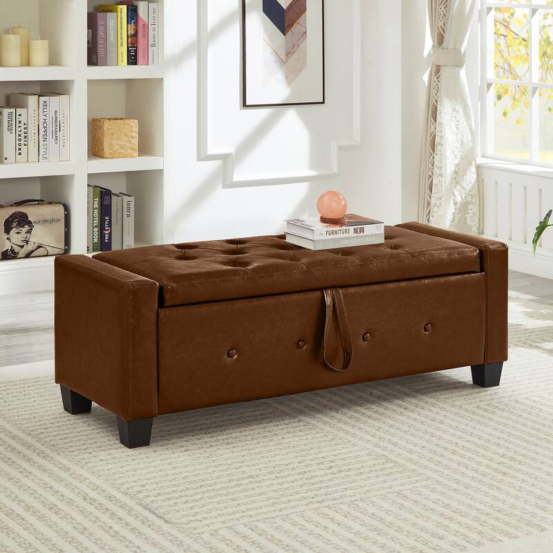 Tufted Faux Leather Storage Ottoman Bench for Bedroom, Living Room & Hallway, 48" Multifunctional Upholstered End of Bed Bench